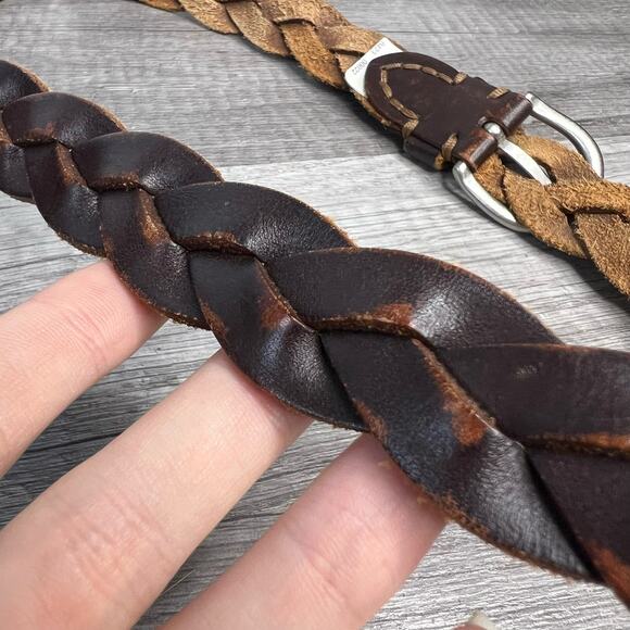 Y2K Brown Distressed Leather Woven Braided O-Ring Belt - Picture 5 of 8